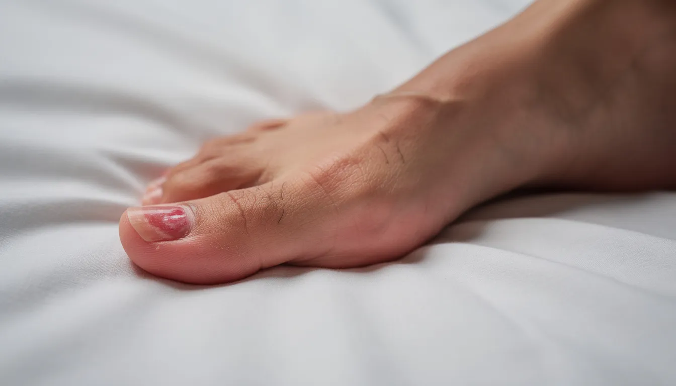 The image depicts a swollen and reddened big toe on a bare foot resting on white bedsheets, indicating possible severe toe pain or an infection. The inflammation and discoloration suggest the need for medical attention to address the intense pain and potential underlying conditions affecting foot health.