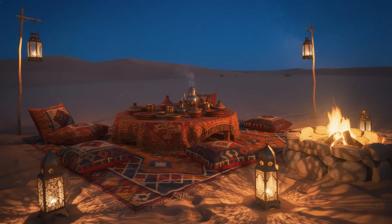 A traditional Moroccan dinner setup is beautifully arranged in a desert camp, featuring vibrant cushions and glowing lanterns around a fire pit, all set against a starry night sky in the Agafay desert. This scene captures the essence of a cozy and authentic meal experience amidst the serene, lunar-like landscape of the Sahara, perfect for creating unforgettable memories.