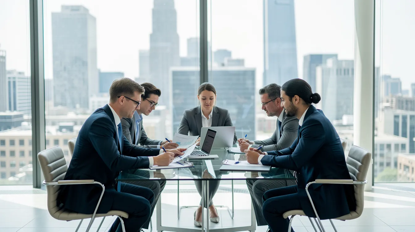 The image depicts a professional consultation meeting taking place in a modern office, where individuals are engaged in a discussion about financial strategies, possibly involving terms like "結餘 轉 戶" and "還款 期." The setting features sleek furniture and technology, creating a conducive environment for financial planning and decision-making.