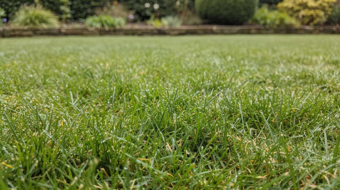 The image shows a close-up of a lush green lawn in a UK garden, showcasing dense grass coverage that indicates healthy growth. This vibrant lawn is free from bare patches and displays strong roots, making it an ideal example for gardeners looking for the perfect solution to achieve instant results in their outdoor spaces.