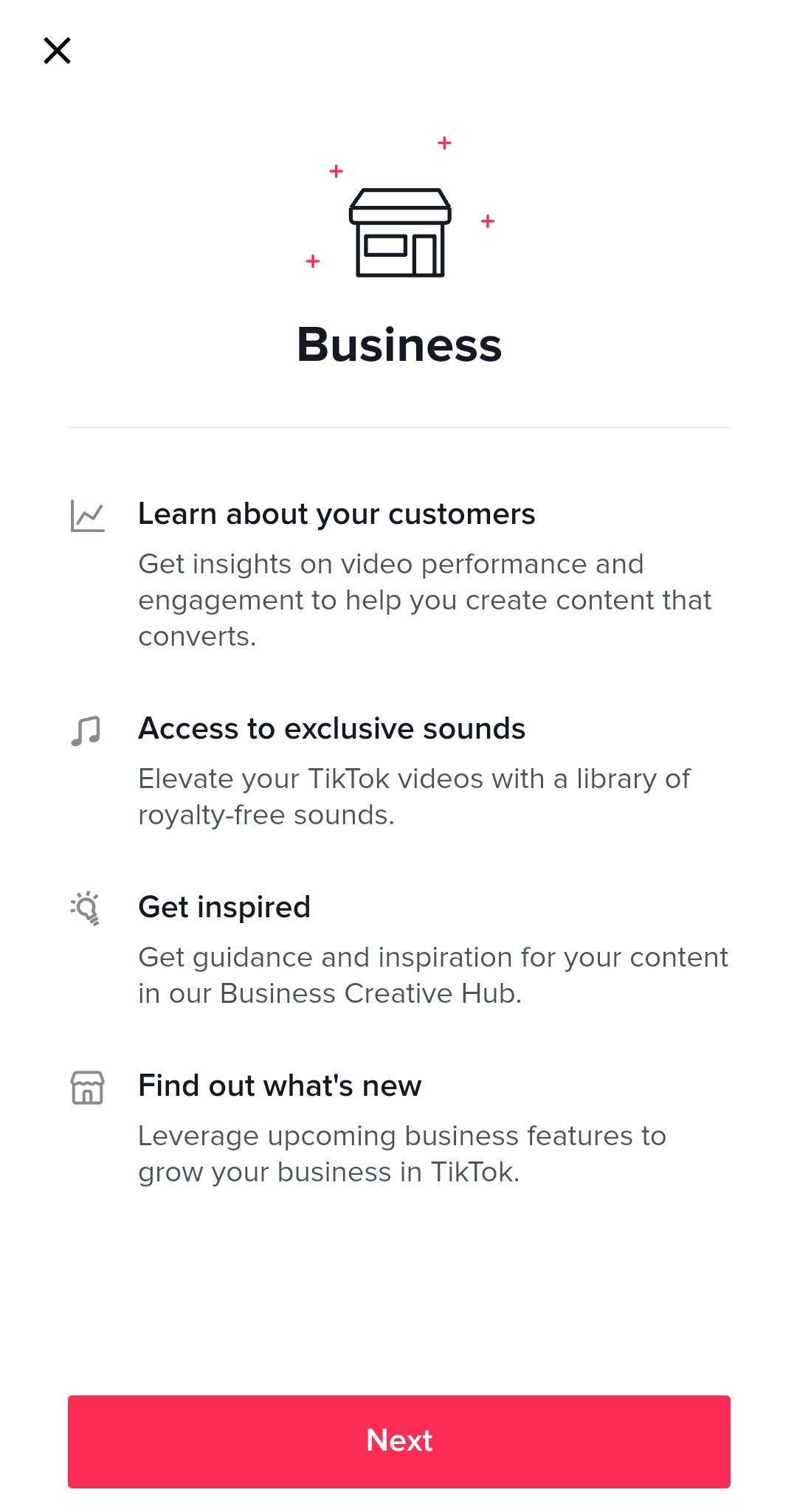 TikTok Business account welcome screen.