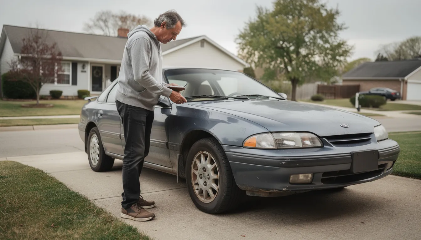 A person is examining a used car parked in a residential driveway, carefully inspecting its condition and features before making a decision on buying property. This inspection is crucial for understanding any potential security interests related to personal property, especially in the context of personal property securities registration (PPSR).