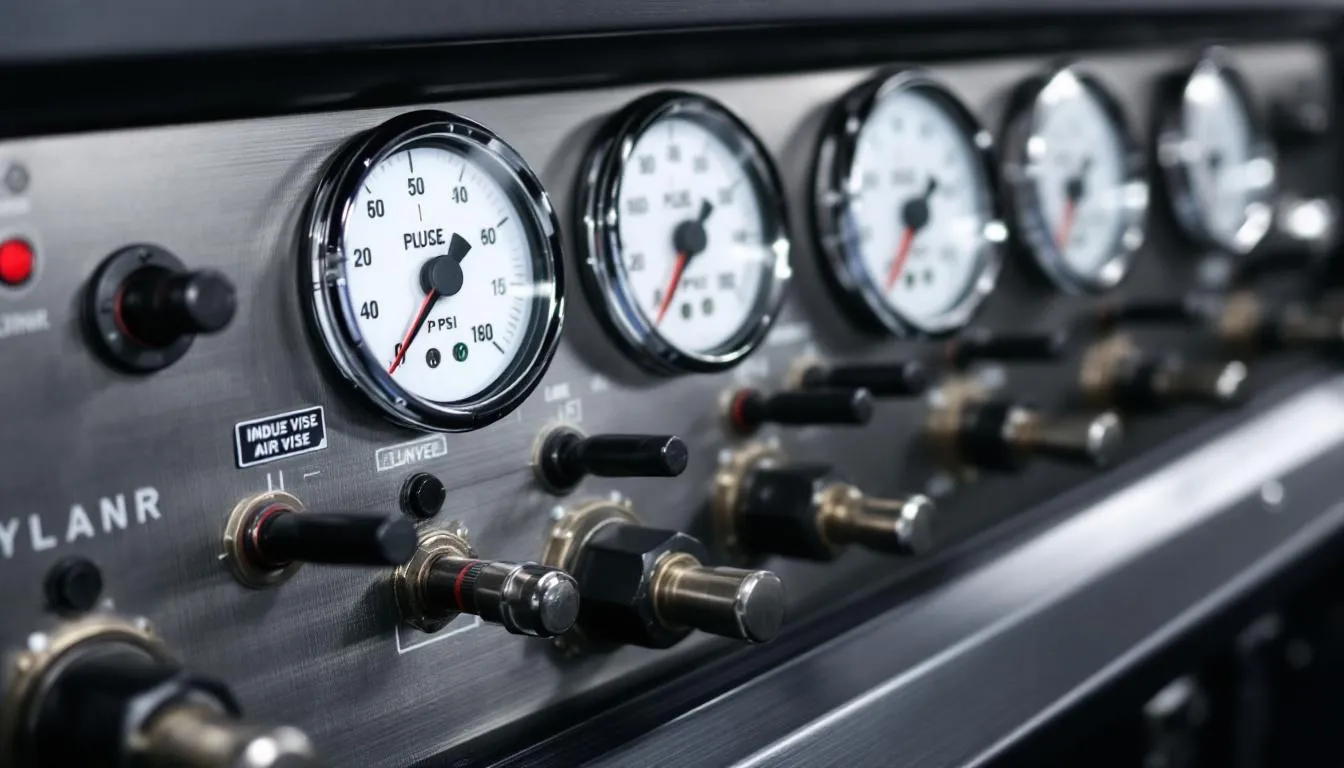 The image features a control panel interface for an air vise, displaying various pressure gauges and control valves essential for adjusting parameters such as jaw width and clamping force. This interface is designed for easy operation, allowing users to monitor and control the performance of the pneumatic vise effectively.