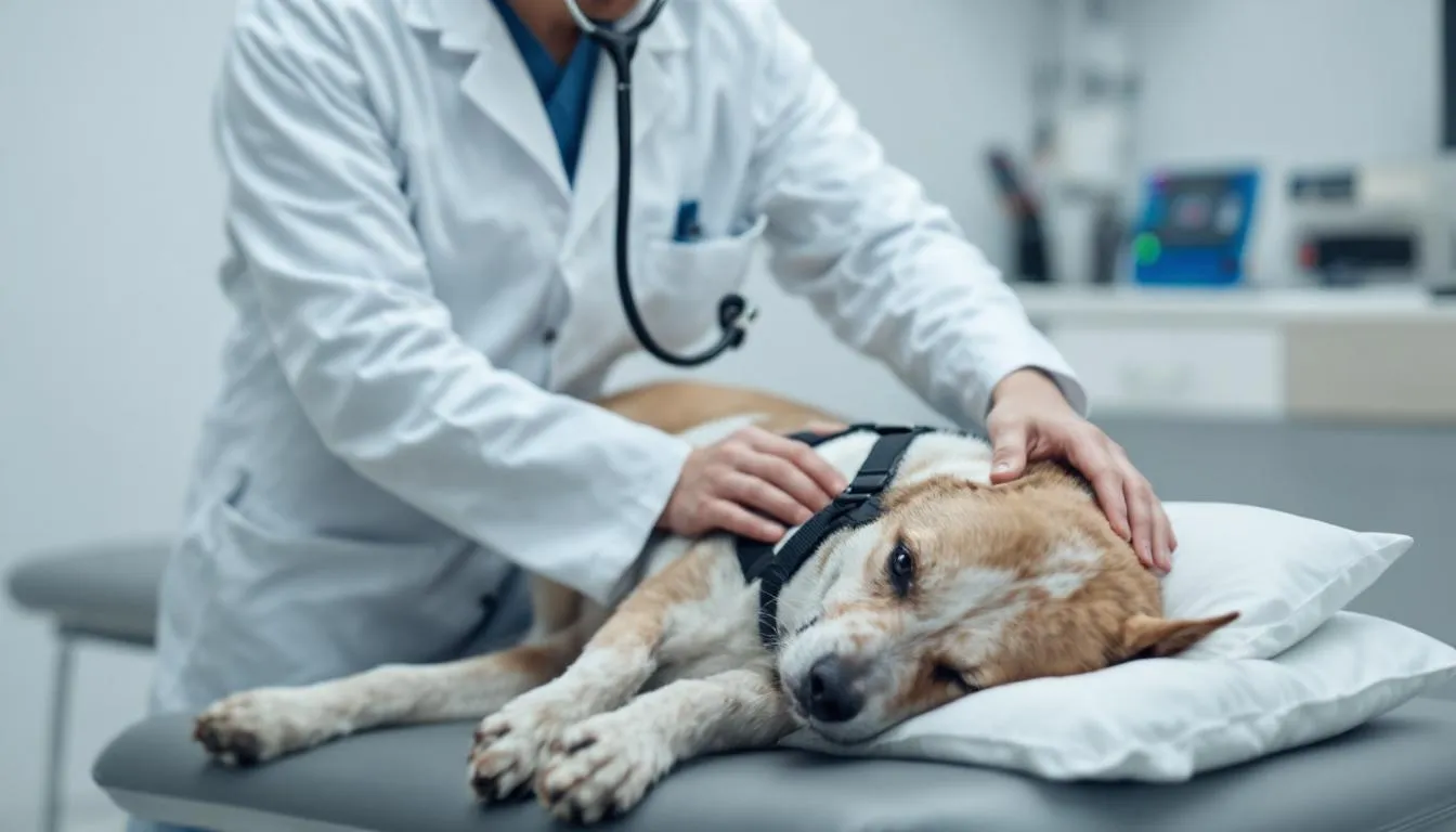 A veterinarian is gently examining a dog