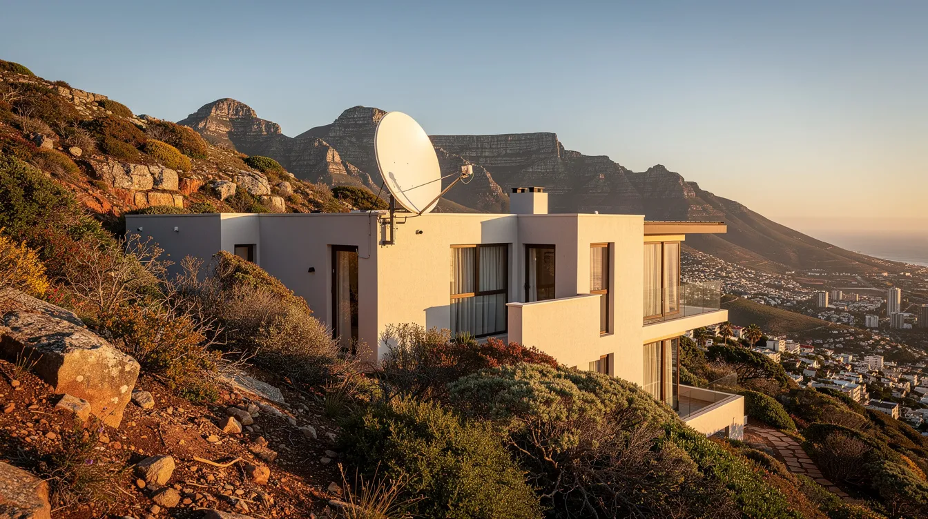 A satellite dish is mounted on the side of a hillside home in Cape Town, with stunning mountain views in the background, showcasing the perfect setup for DSTV installation services. This image highlights the importance of professional DSTV installation for optimal signal reception and entertainment.