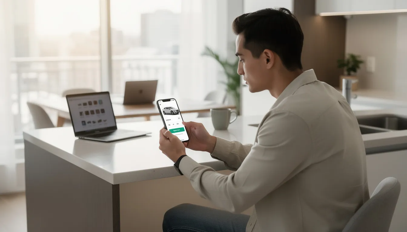 Une personne utilise une application sur son smartphone pour effectuer une réservation de voiture de location dans un cadre moderne, avec une interface conviviale affichant des options de véhicules et des informations sur la confirmation de la réservation. L'environnement est lumineux et contemporain, reflétant une expérience de gestion de location efficace et pratique.
