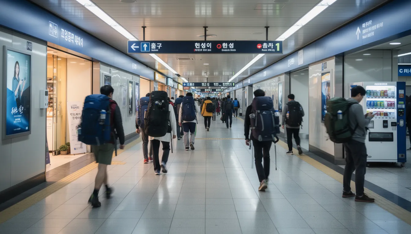 A group of travelers with backpacks is walking through a bustling corridor of a Korean subway station, surrounded by signs for ticket vending machines and convenience stores. They are likely on their way to purchase a T money card for easy access to public transportation in South Korea.