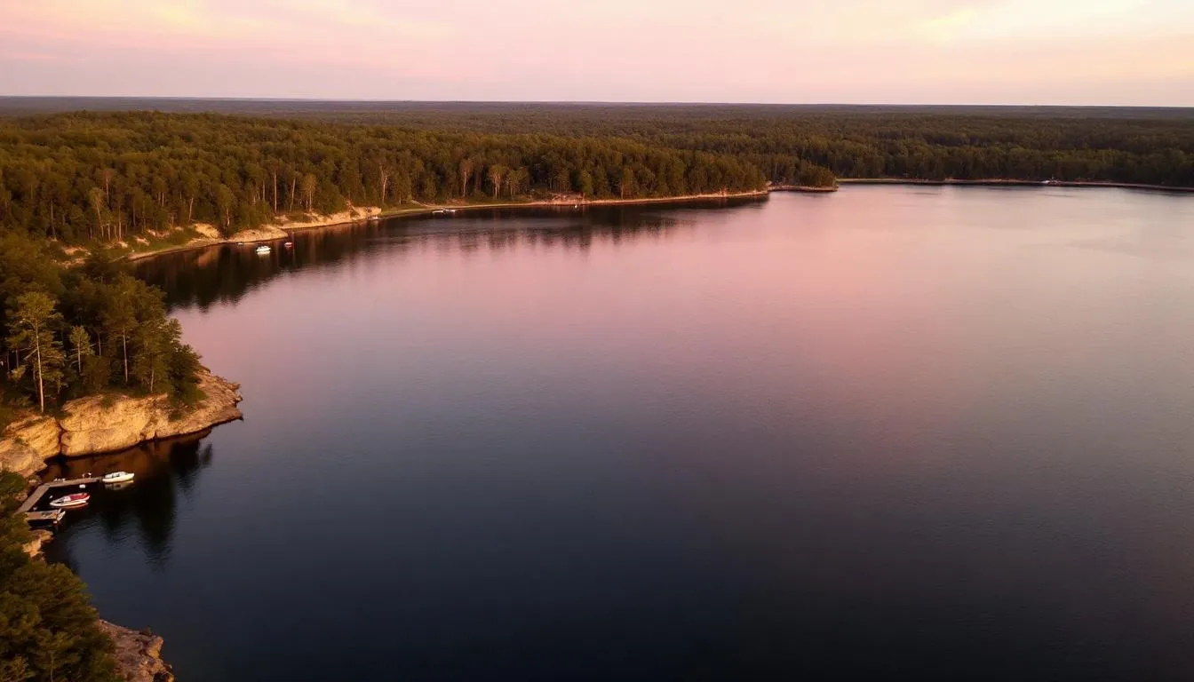 The image depicts a serene view of the Lake of the Ozarks, showcasing the tranquil water surrounded by lush greenery and distant hills. This picturesque setting is ideal for families and individuals seeking insurance solutions, such as health, auto, and home insurance, in the surrounding communities of Missouri.