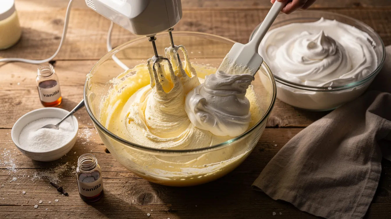 In der Bildaufnahme wird die Zubereitung einer cremigen Mascarponecreme für Tiramisu dargestellt. Ein Glasrührschüssel zeigt die luftige Mischung aus Mascarpone und Eigelben, während daneben Puderzucker und Vanille auf einem Holzarbeitsplatz bereitliegen, und in einer weiteren Schüssel werden Eiweiße zu steifem Schnee geschlagen.
