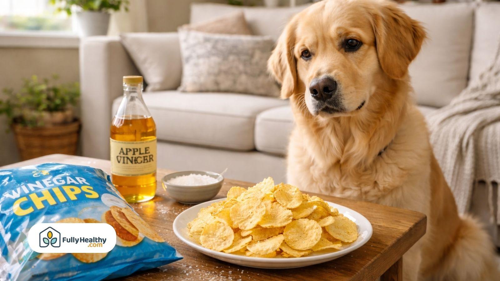 Dog staring at salt and vinegar chips on table looking unsure