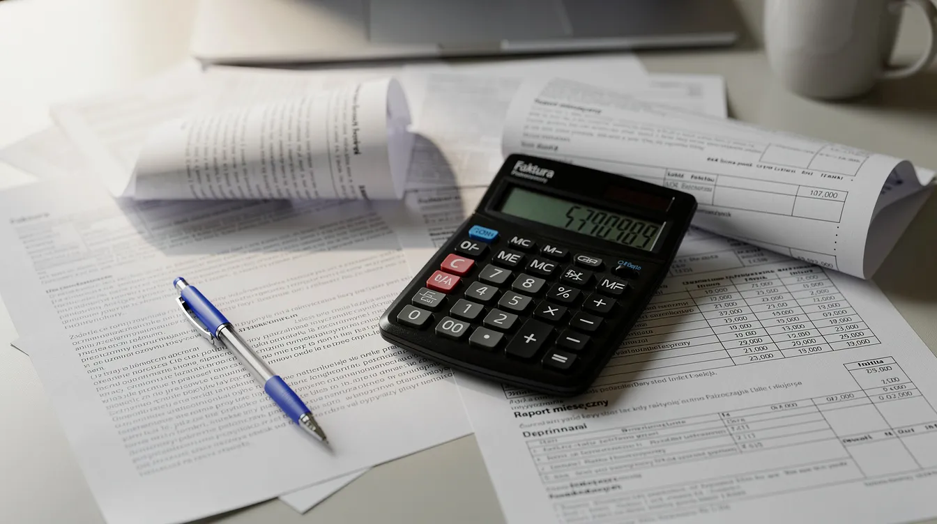 Na biurku znajduje się kalkulator oraz stos dokumentów związanych z obowiązkiem alimentacyjnym, co sugeruje, że osoba pracuje nad obliczeniami dotyczącymi świadczeń alimentacyjnych względem dziecka. Wśród dokumentów można zauważyć odpis aktu urodzenia oraz umowy dotyczącej obowiązku alimentacyjnego.