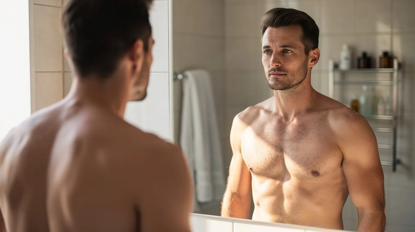 A man stands confidently in front of a mirror, examining his bare chest in natural light, showcasing a masculine chest contour. This image reflects the importance of self-acceptance and may relate to topics such as gynecomastia treatment and the presence of excess breast tissue.