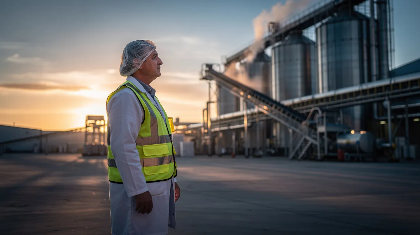 A mature food production worker stands thoughtfully near an industrial facility at sunrise, gazing toward the horizon. This scene reflects the contemplation of retirement benefits and savings plans, emphasizing the importance of financial security for Tyson Foods team members.