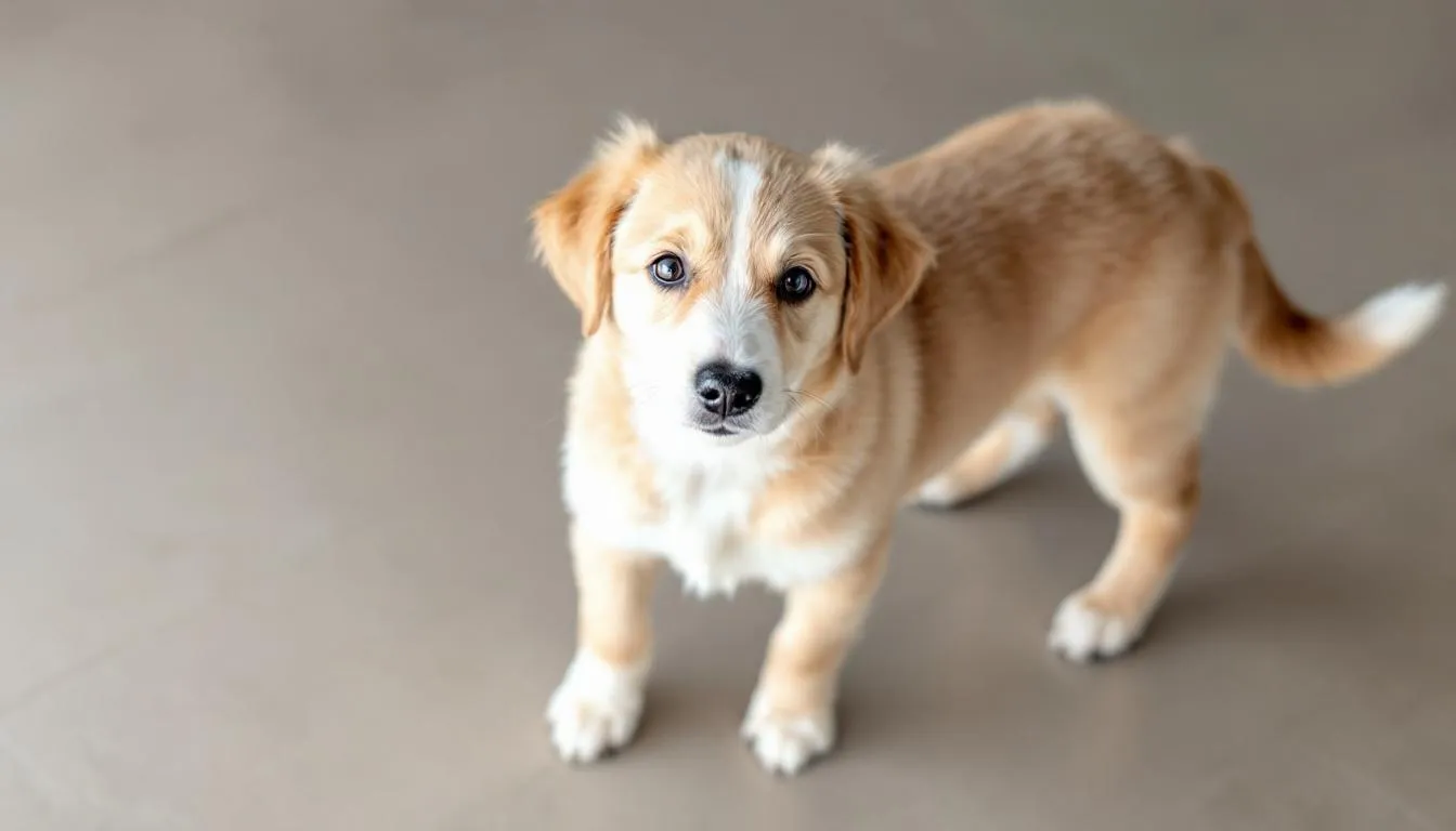 A healthy puppy is depicted from above, showcasing an ideal body condition with a visible waist, indicating proper nutrition and growth. This image emphasizes the importance of a balanced puppy food diet for maintaining a healthy weight and body condition.
