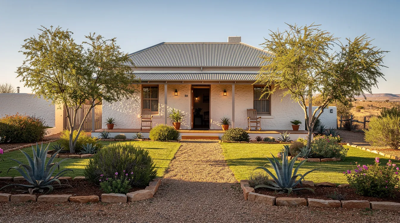 The image depicts a charming guesthouse in the Karoo, featuring white walls surrounded by a lush green garden, creating a welcoming atmosphere. This serene setting is perfect for guests looking to relax, and it may also offer professional DSTV installation services for an enhanced home entertainment experience.