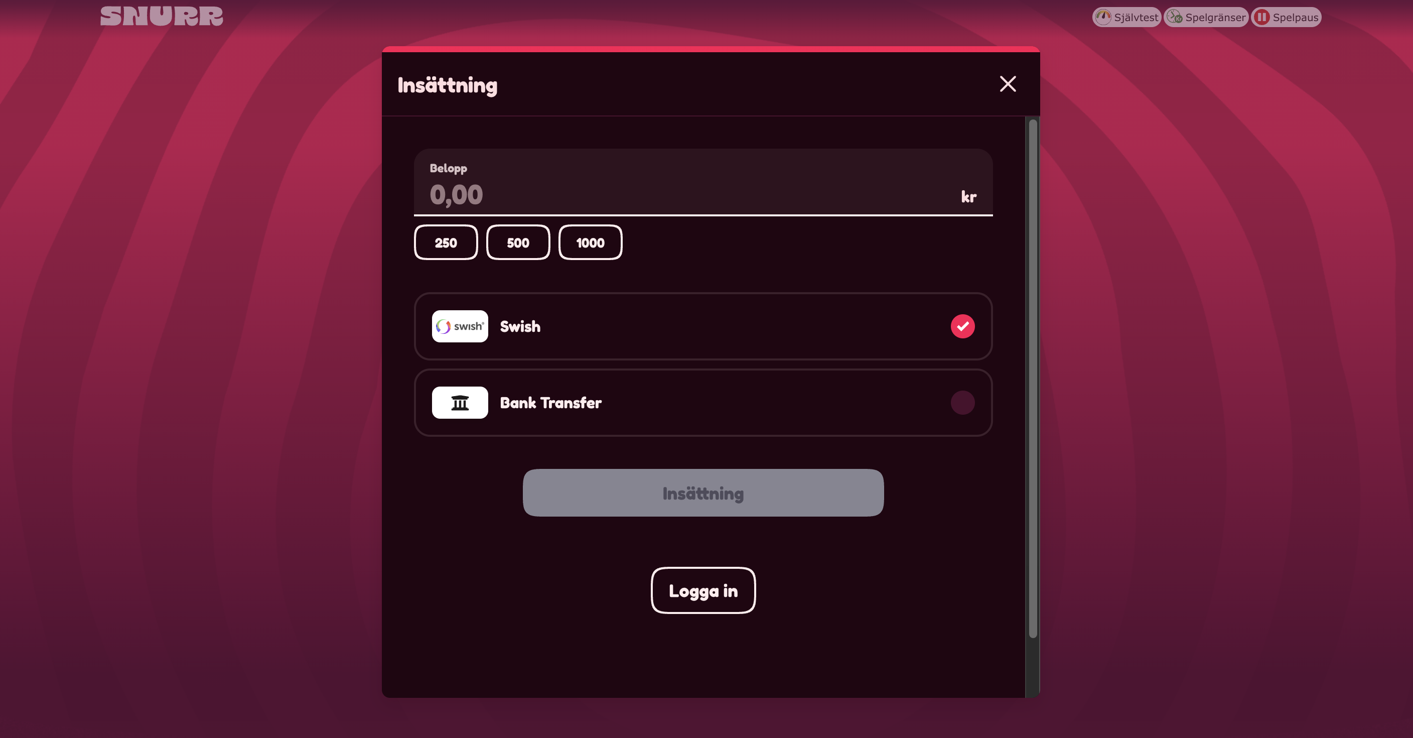 Snurr casino registrering med Pay N Play med BankID, Swish och Zimpler