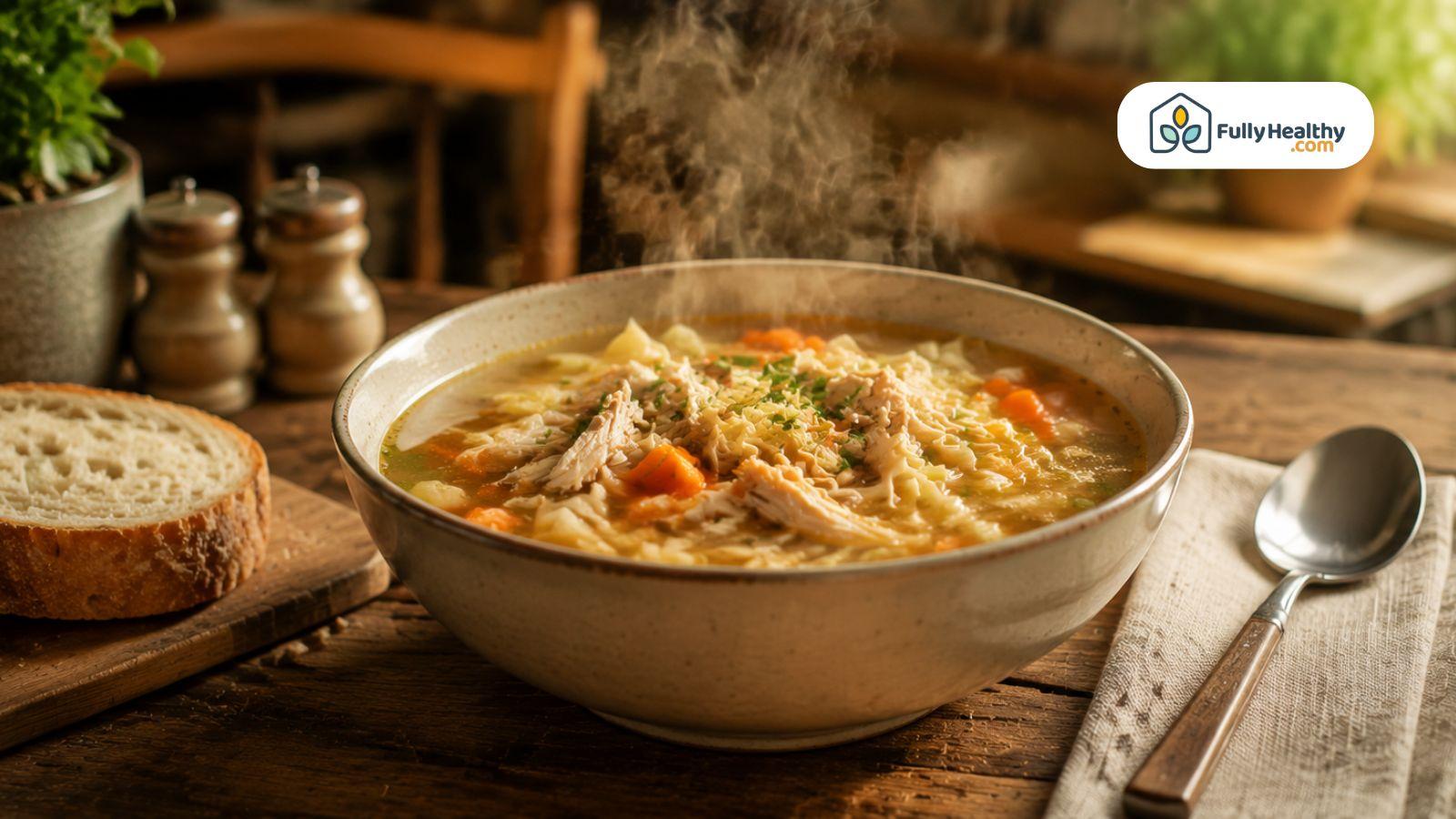 Warm chicken noodle soup served in rustic bowl steaming hot