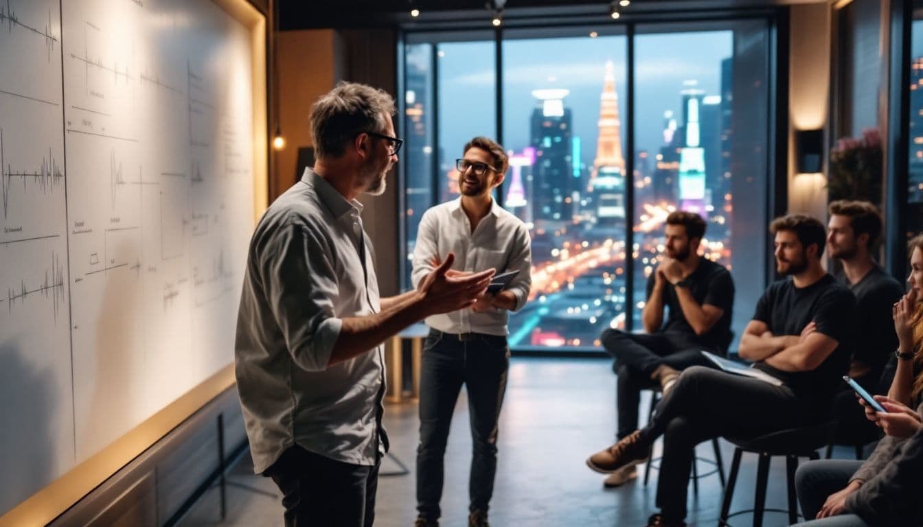 An experienced mastering engineer mentoring young producers in a studio.