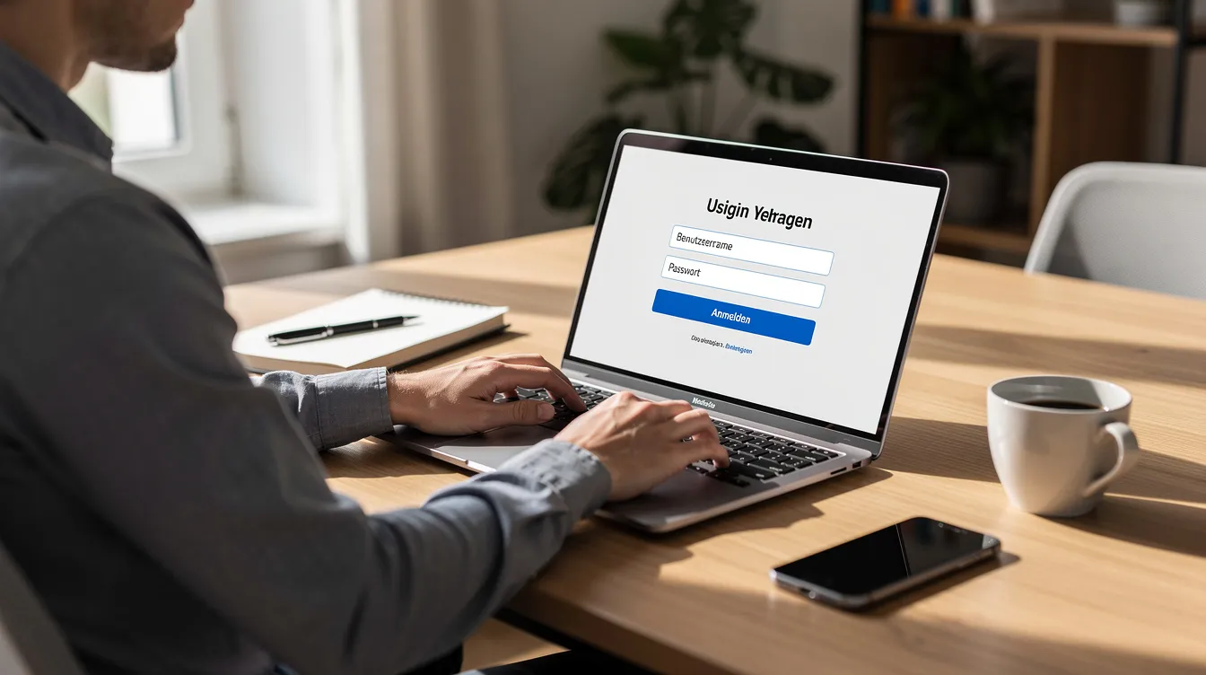 Eine Person sitzt an einem Schreibtisch und nutzt ihren Laptop, um sich in ein Online-Portal einzuloggen. Auf dem Bildschirm sind Eingabefelder für die E-Mail-Adresse und das Passwort zu sehen, während im Hintergrund ein Dokument mit Informationen zu Verträgen und Kundenservice aufliegt.