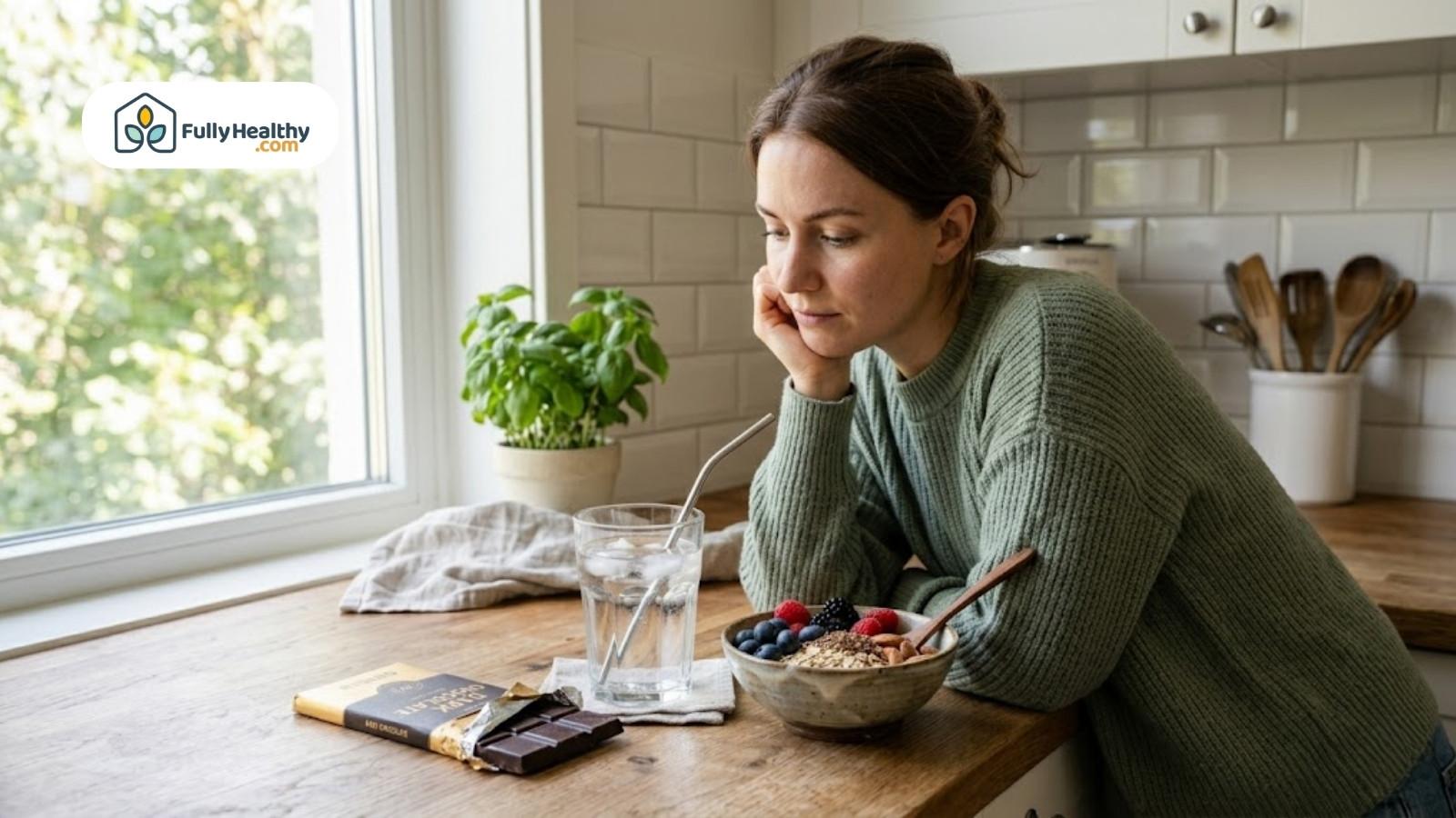 Woman looking thoughtfully at chocolate bar beside healthy breakfast bowl