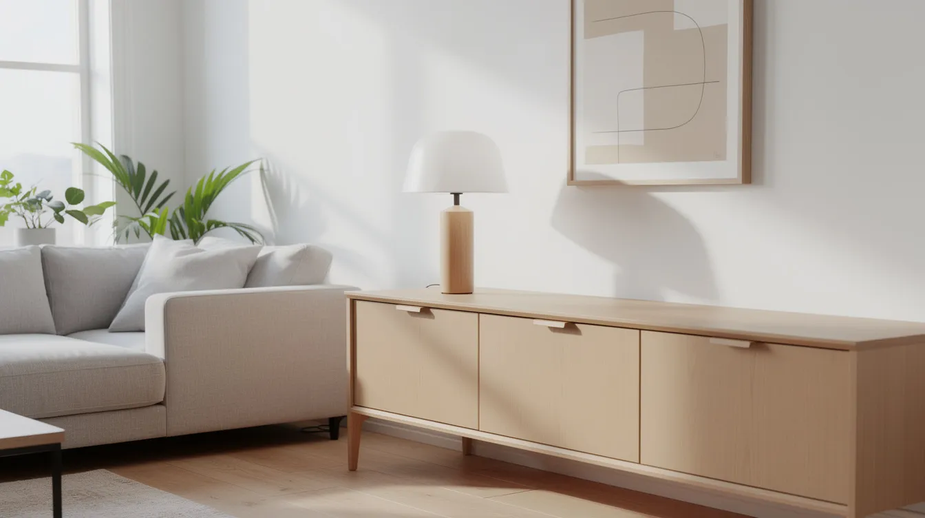 En skandinavisk bordslampa med minimalistisk design står på ett sideboard i ett ljust vardagsrum, vilket ger en stilren och modern känsla till rummet. Lampan har en enkel lampskärm och passar perfekt in i inredningen, vilket skapar en mjuk belysning.