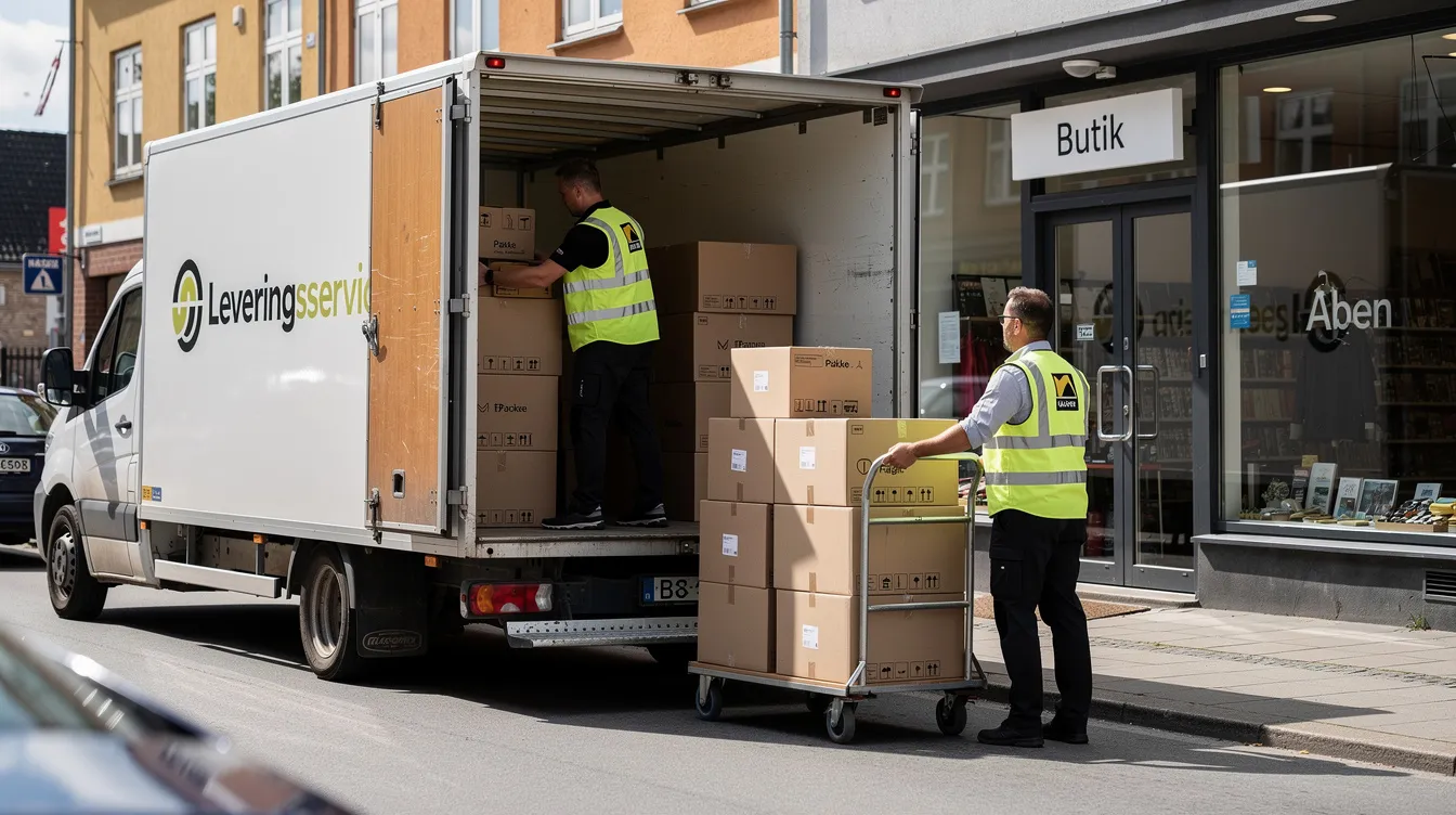 En leveringsbil holder foran en butik, hvor pakker bliver læsset ind for at blive sendt hurtigt frem til deres destination. Denne transportløsning sikrer en effektiv håndtering af både private og erhvervsmæssige forsendelser i Danmark.