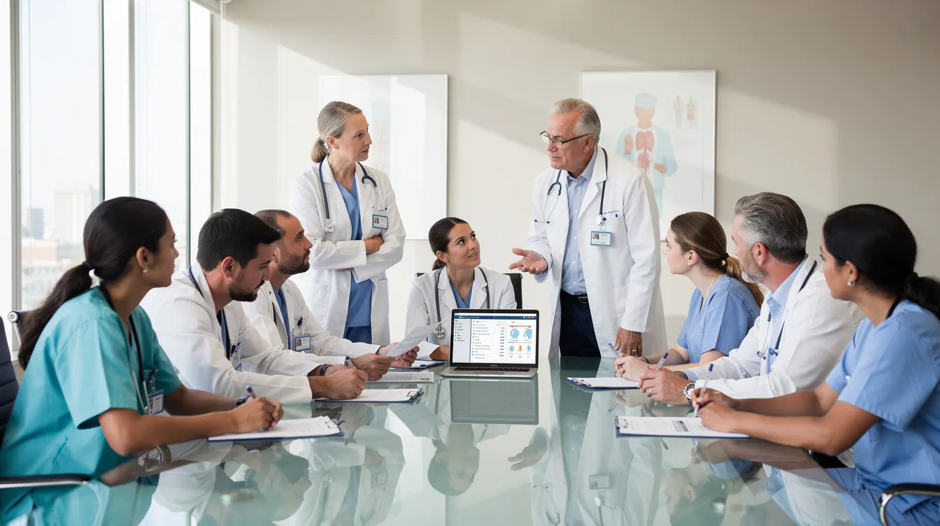 The image shows a group of healthcare professionals collaborating in a modern office setting, engaged in discussions about dental billing and insurance claims. They are focused on improving patient care and streamlining the billing processes for dental practices, highlighting the importance of teamwork in the dental industry.