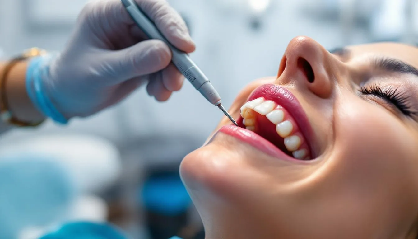 Una sonda periodontal está siendo utilizada para medir la profundidad de una bolsa en las encías de un paciente, lo que es crucial para la evaluación de la salud periodontal y el diagnóstico de enfermedades como la enfermedad periodontal. Esta herramienta permite al periodoncista obtener información sobre el estado de los tejidos y determinar el grado de pérdida de inserción.