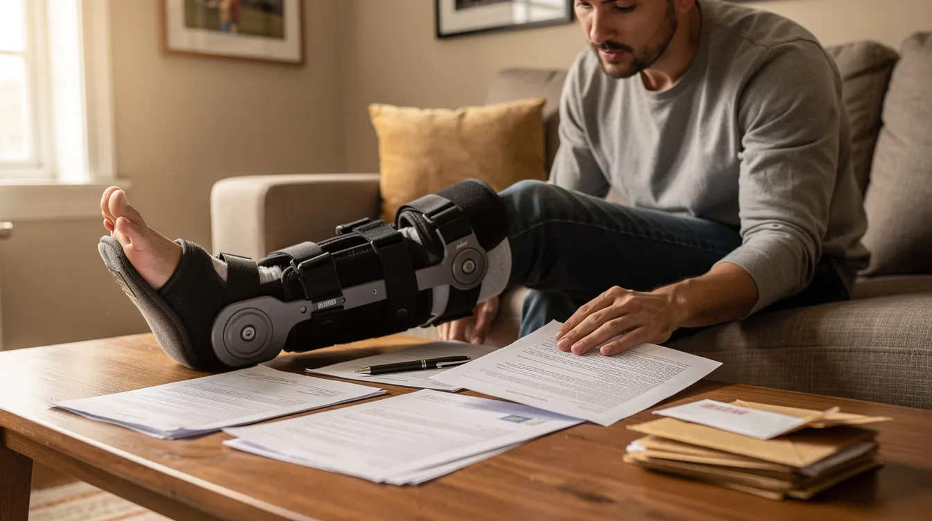 A person is sitting at a table at home, wearing a leg brace and reviewing paperwork related to their workers compensation claim, which may include information about temporary disability benefits and medical expenses. The scene reflects the challenges faced by injured workers navigating the complexities of obtaining full benefits for their workplace injuries.