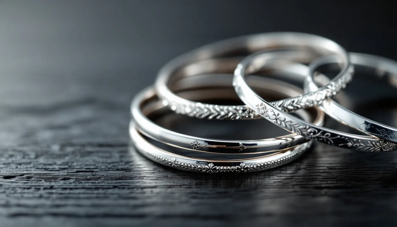 A collection of elegant sterling silver bangles is displayed, showcasing various styles and designs that complement any outfit. These handcrafted pieces, perfect for stacking or wearing individually, are suitable for women with sensitive skin and make a thoughtful gift for any occasion.