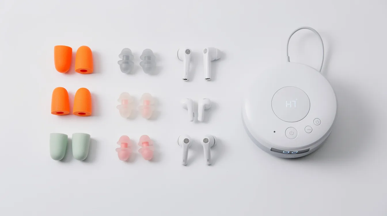 The image features a variety of earplugs, including foam types, alongside a white noise machine on a clean white surface, illustrating tools designed for blocking noise and enhancing sleep quality by reducing environmental noise. These items aim to create a quiet environment, helping users fall asleep and stay asleep despite nighttime disturbances like traffic noise or a snoring partner.