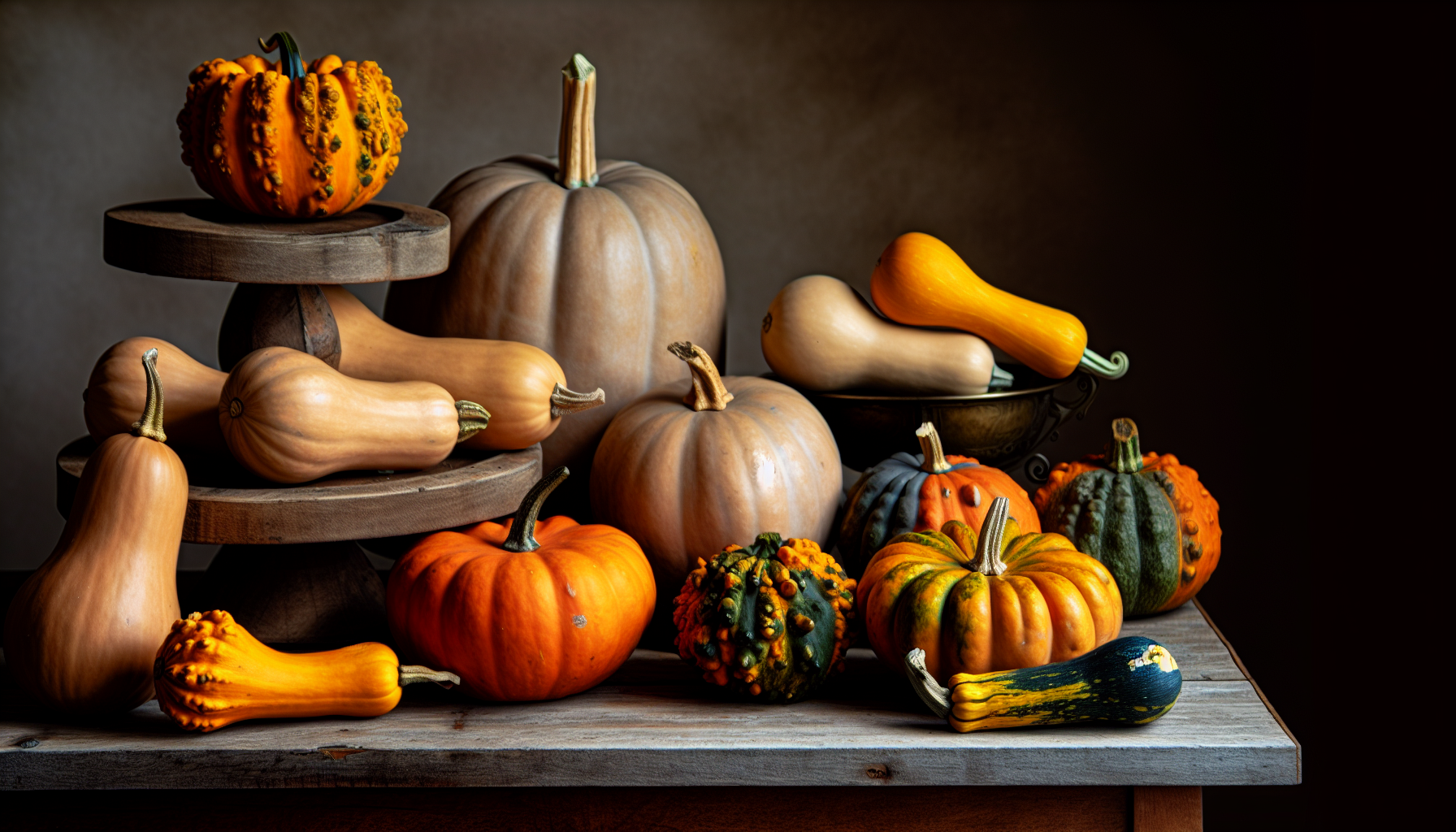Variety of pumpkins and squash