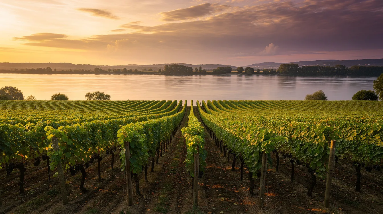 The image depicts vineyard rows leading to a serene river at sunset, with reflections of a golden and purple sky shimmering on the water's surface. This picturesque scene evokes the essence of summer, perfect for enjoying lighter red wines like pinot noir or chilled cabernet sauvignon.
