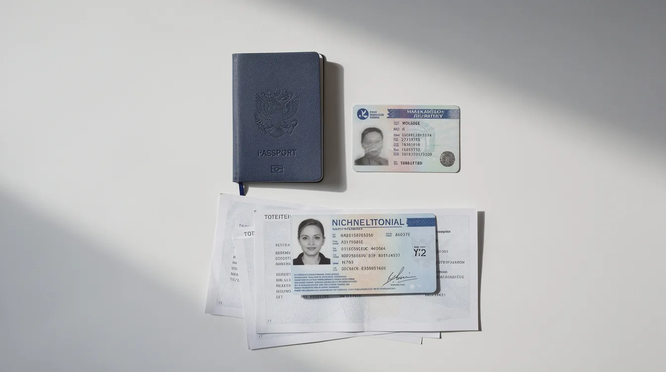 The image features a passport, a national ID card, and various documents neatly arranged on a clean desk, suggesting an organized setup for tasks like account opening or managing funds for non-resident Pakistanis. This arrangement may be useful for individuals looking to access services like the UBL Roshan Digital Account or other banking activities.