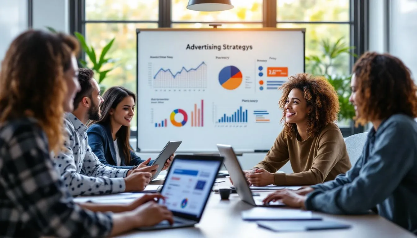 The image illustrates a digital workspace dedicated to creating a successful advertising campaign, featuring charts and graphs that analyze audience engagement and site statistics. It emphasizes the importance of using data and privacy tools to deliver personalized content and ads, while also highlighting the need to manage privacy settings and protect against spam fraud and abuse.