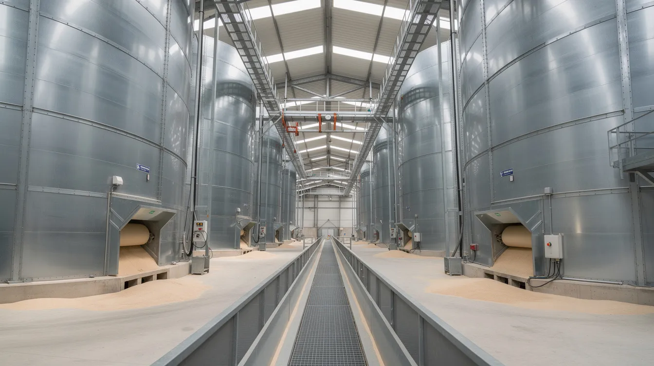 4199e1de 5c21 4f4a 8fb2 861263ddbcd1 The image depicts the interior of a large grain storage facility, showcasing steel silo walls and advanced conveyor systems designed for efficient grain handling. This setup highlights the importance of proper storage solutions for maintaining grain quality and reducing spoilage in food processing industries.