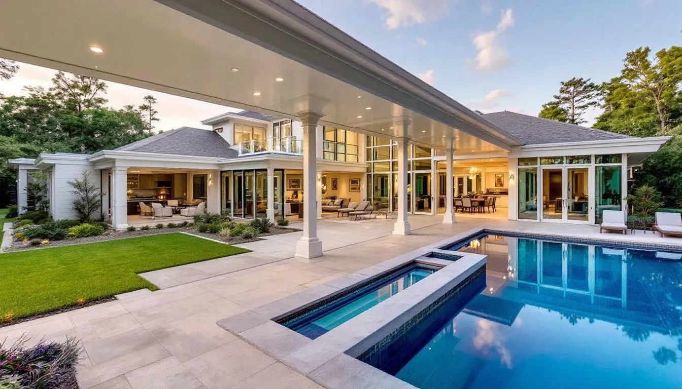 This image showcases an absolutely stunning 10,000 square foot home overlooking a sparkling swimming pool, set on a one-acre lot with pristine and mature landscaping. The expansive outdoor living spaces include a cozy covered entertaining area and a fully equipped outdoor kitchen, perfect for both casual family gatherings and elegant alfresco dining.