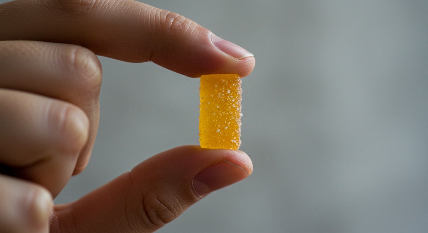 A closeup of a person's hand gently pushing a gummy to show its springy texture