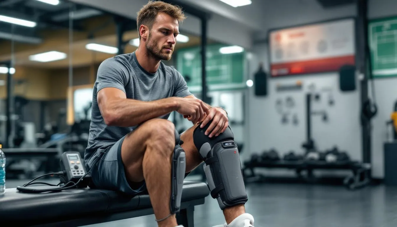A professional pickleball player is using a recovery device on their legs, focusing on muscle recovery after an intense game. This recovery tool enhances blood flow and supports the body's recovery process, helping to alleviate muscle soreness and tension.