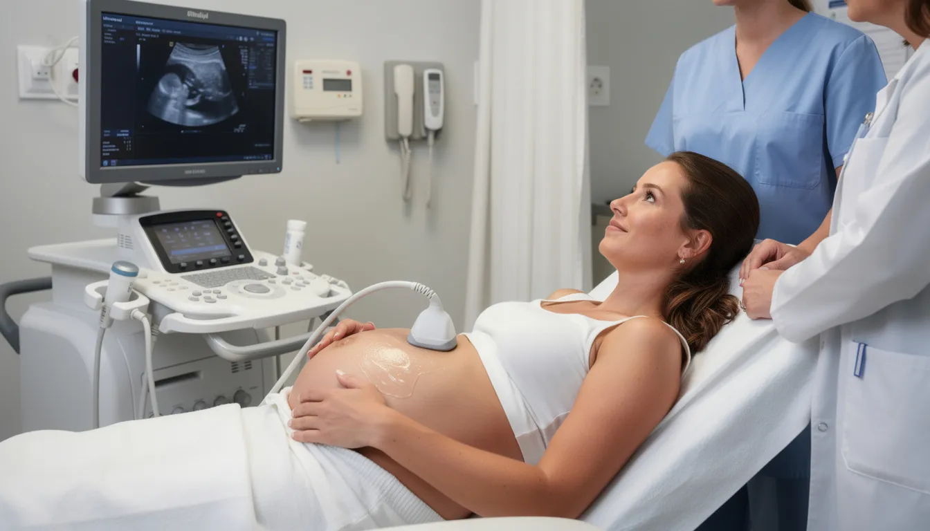 En gravid kvinna ligger på en brits under en ultraljudsundersökning, omgiven av medicinsk personal som hjälper till med undersökningen av fostret. Ultraljudet används för att visa bilder av inre organ och barnet i magen, vilket ger viktig information om graviditeten.