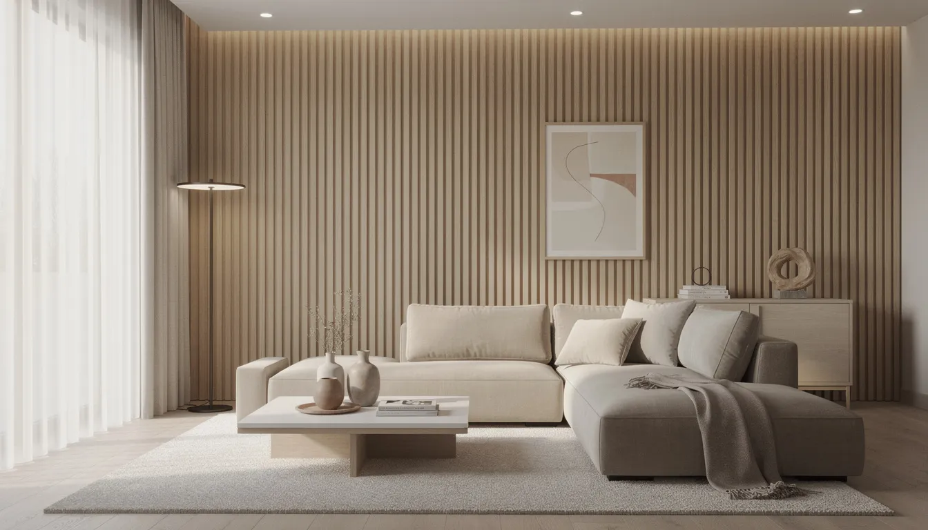 Een moderne woonkamer met lichte houten wandpanelen achter een zandkleurige hoekbank, verlicht door warme verlichting en aangekleed met stijlvolle accessoires, creëert een uitnodigende en rustgevende sfeer. De verticale lijnen van de panelen dragen bij aan de akoestiek en geven de ruimte een natuurlijke uitstraling.