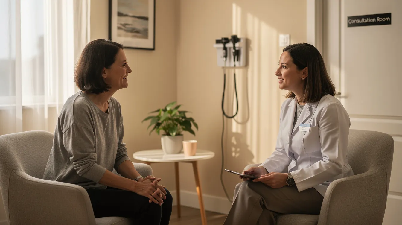 A patient is engaged in a calm conversation with a clinician in a consultation room, discussing a personalized weight loss plan as part of a medical weight loss program. The setting emphasizes a supportive environment for addressing weight management and overall health goals.