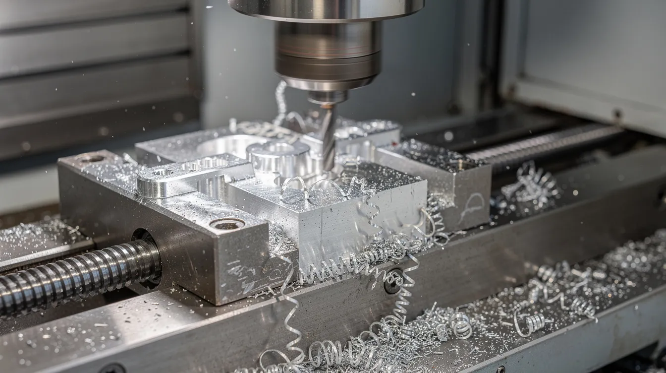 The image shows a CNC machining center with a zinc alloy component securely clamped in a vise, surrounded by visible metal chips as the cutting tool is engaged in the machining process. The zinc aluminum alloy component highlights its mechanical properties and corrosion resistance, showcasing its application in manufacturing and production industries.