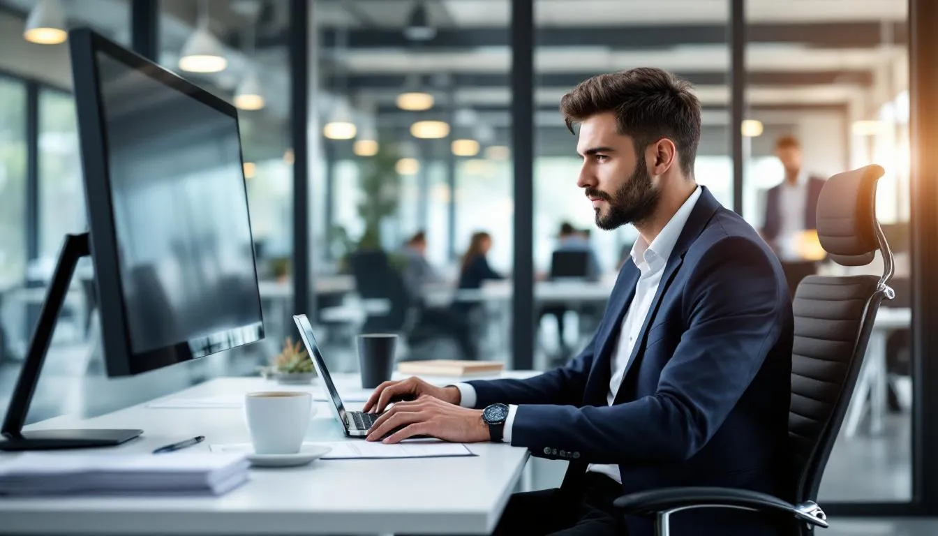 Rahmen: Mitarbeiter sitzt am Schreibtisch und arbeitet konzentriert – Symbolbild für Produktivität und erfolgreiche Mitarbeitereinstellung