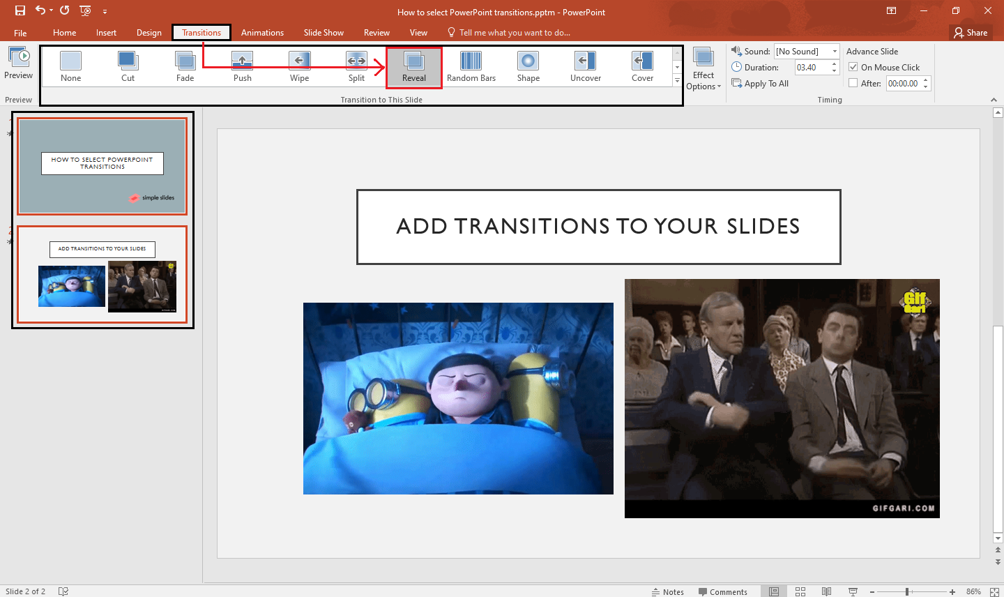In the "transitions" tab, choose a specific transition you want to apply in the first and next slide in the "transition to this slide" 