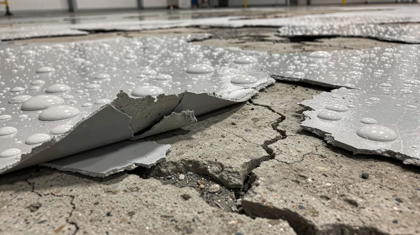 Na zbliżeniu widać pęcherze i odspojenia na źle wykonanej posadzce epoksydowej, gdzie oderwane płaty powłoki ukazują problemy z trwałością i odpornością na chemikalia na betonowym podłożu. Powierzchnia jest nierówna, co może wpływać na jej estetykę oraz funkcjonalność w warunkach użytkowania.