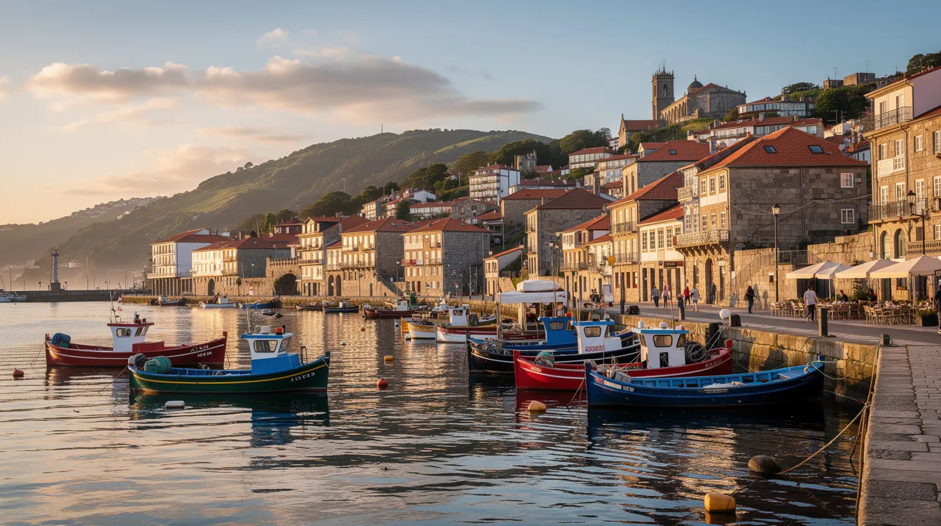 Imagem da cidade de Vigo, na Galiza, com destaque para a Fortaleza de Monterreal à beira-mar, cercada pelo Oceano Atlântico. Ao fundo, é possível ver o centro histórico e as ruas de Baiona, um destino turístico popular na região.