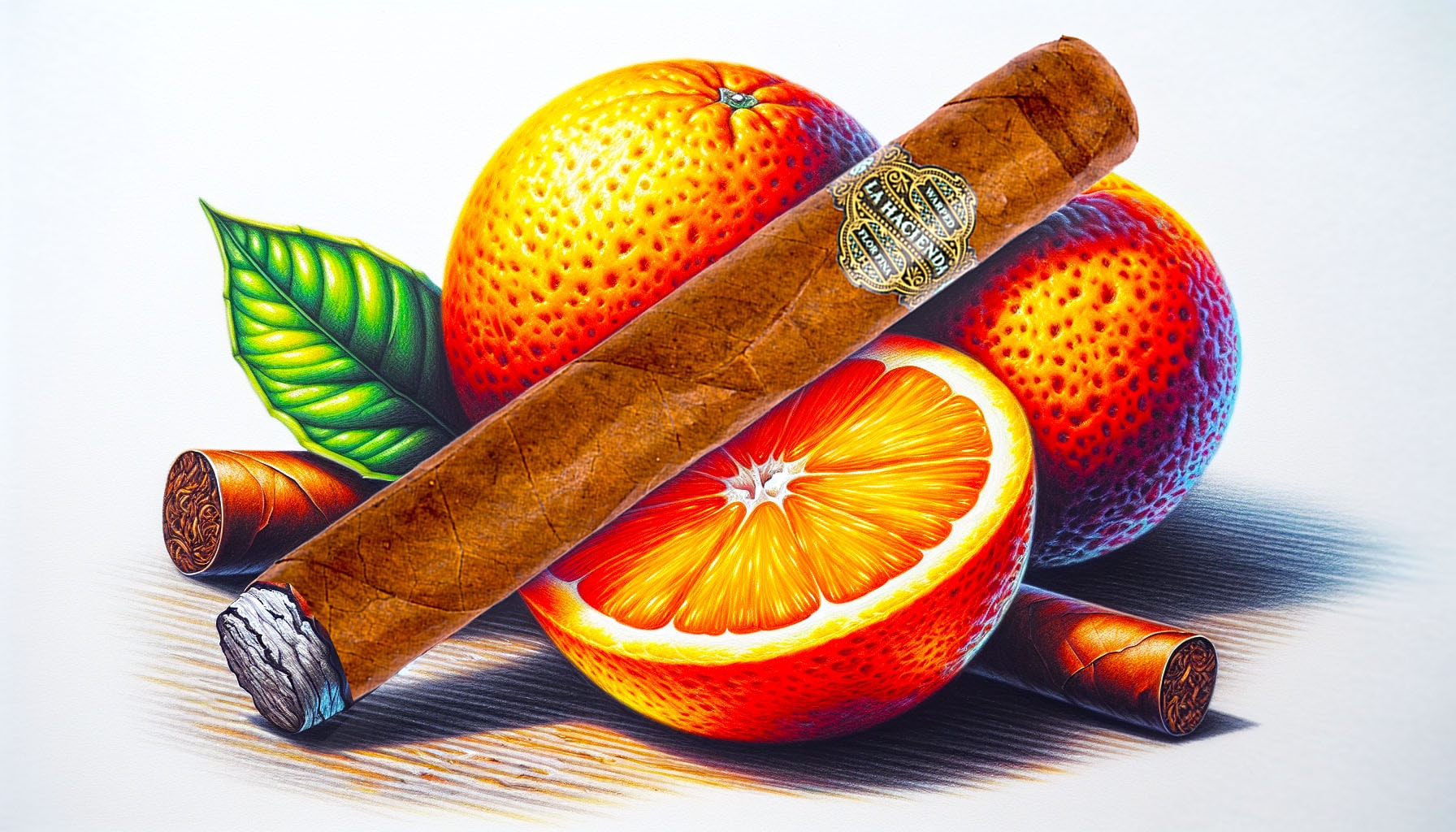 A vibrant illustration of a citrus fruit alongside a cigar, representing unique flavor profiles.