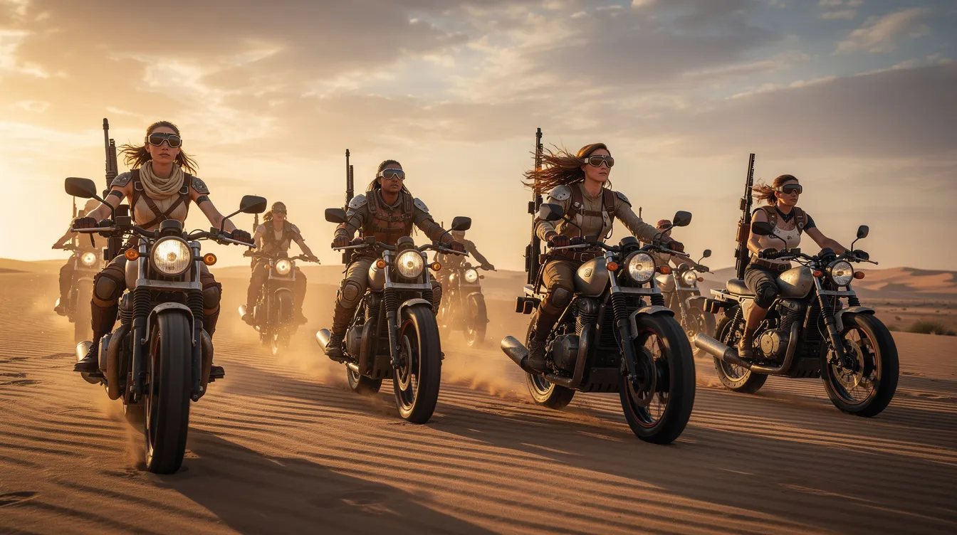 Eine Gruppe von Kriegerinnen unterschiedlichen Alters sitzt auf Motorrädern in einer weiten Dünenlandschaft, während sie Waffen geschultert haben und in die Ferne blicken. Die Szene erinnert an die actiongeladene Atmosphäre von "Mad Max: Fury Road" und strahlt einen starken Überlebensgeist aus.