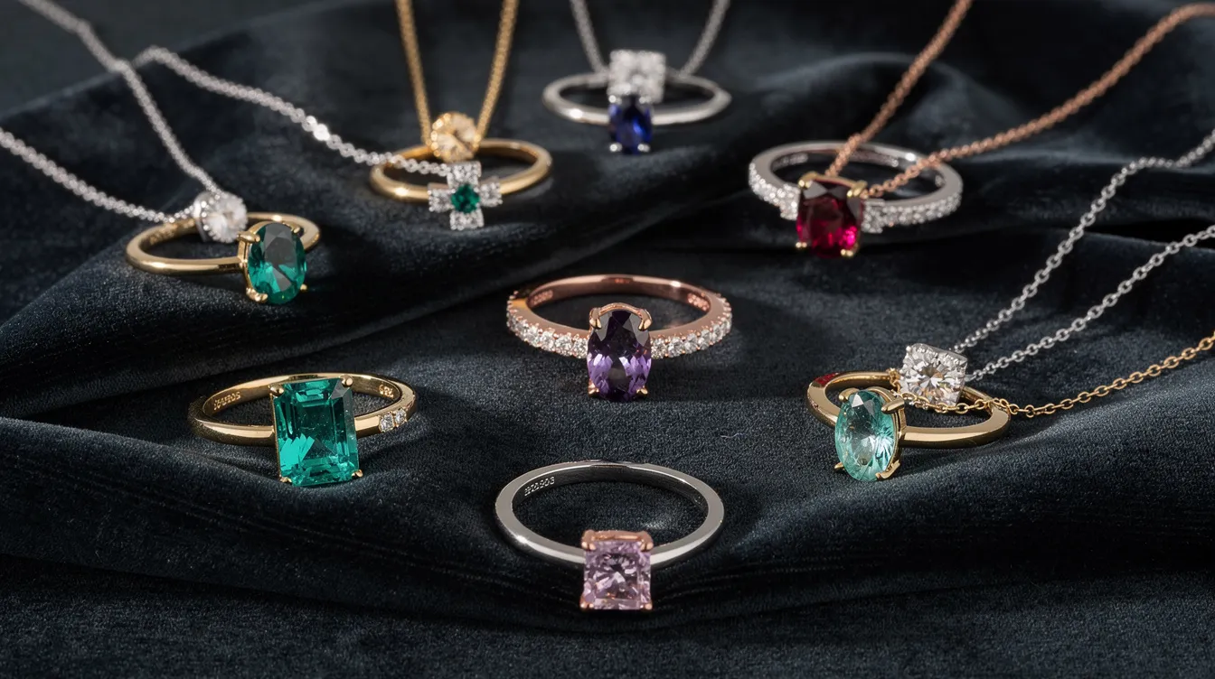 An elegant display of various gemstone rings and pendants, including precious and semi-precious stones like rose quartz, lapis lazuli, and amethyst, is arranged on a soft velvet surface. The collection showcases the beauty of gemstones in jewelry making, highlighting their vibrant colors and unique qualities.